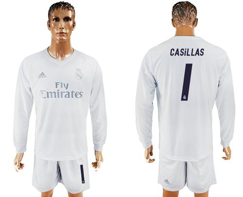 Real Madrid #1 Casillas Marine Environmental Protection Home Long Sleeves Soccer Club Jersey - Click Image to Close
